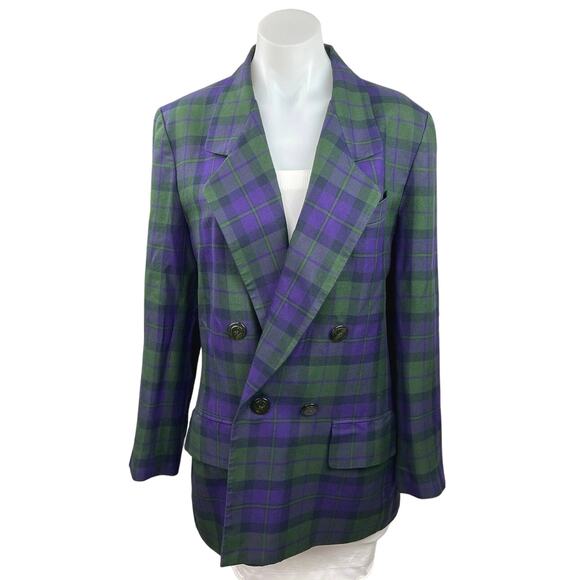 Kasper ASL Blue Green Plaid Double Breasted Long Sleeve Pockets Coat Blazer Sz M - Picture 1 of 4